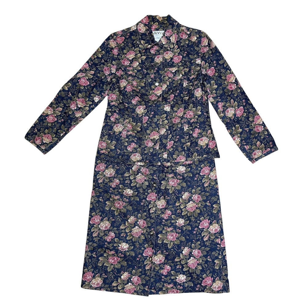 Orvis Floral Denim Jean Jacket Skirt Set Roses Button Up Y2K Cottagecore Grandma